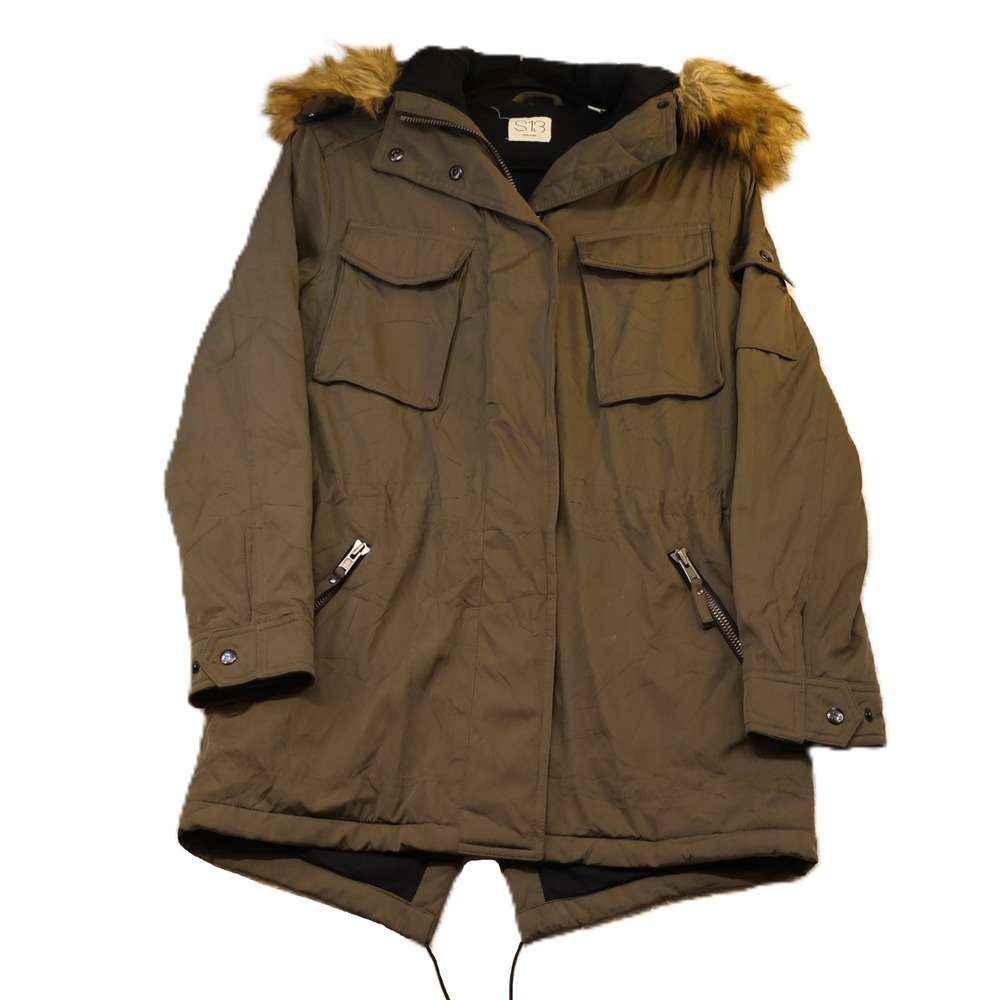 S13 Women Small Parka Jacket Olive Green Faux Fur Hood Utility Fishtail